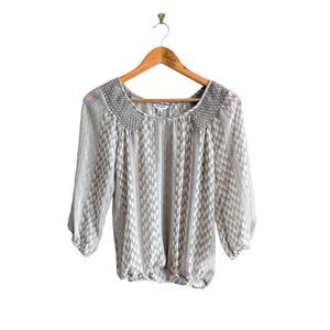Banana Republic Sheer Blouse Top Gray Cream Elastic Waist Cuffs Women's S